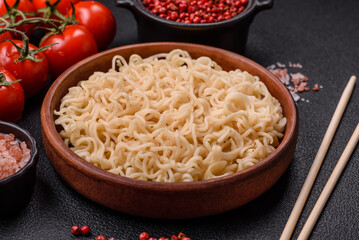 Rice noodles with mushrooms, vegetables, spices and herbs