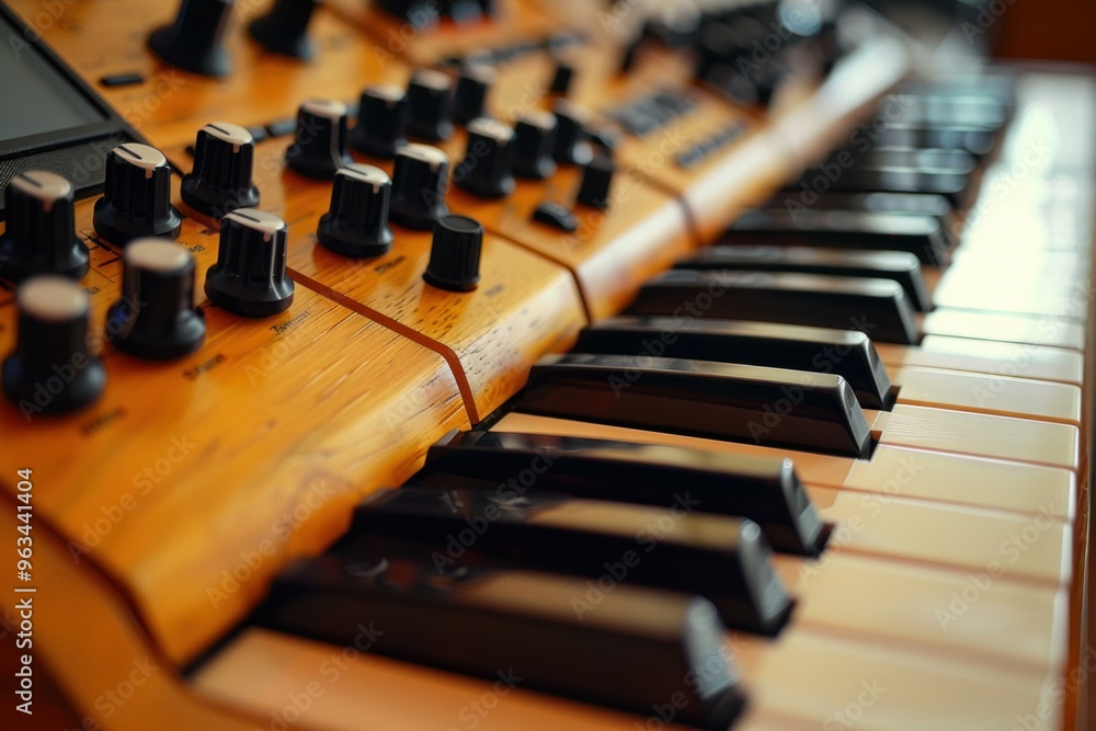 Poster close up of a professional electronic synthesizer with many keys and controllers for creating music