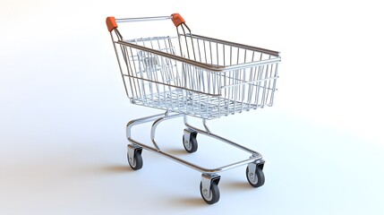 Cart with Tilted Perspective
A shopping cart angled slightly forward, giving a dynamic, tilted perspective. The plain background is softly lit, focusing attention on the cart's structure.
