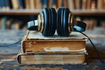Black headphones are resting on a stack of antique books on a wooden surface inside a library