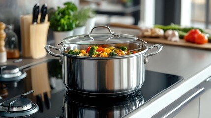 A shiny stainless steel pot with a lid, filled with a delicious, simmering stew on a modern stovetop, showcasing its sleek design.