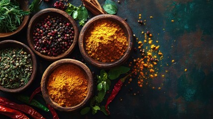 Aromatic Spices in Wooden Bowls on a Rustic Surface