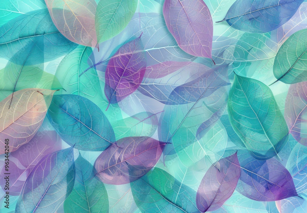 Poster colorful translucent leaves layered on a soft gradient background creating a dreamy, ethereal effect