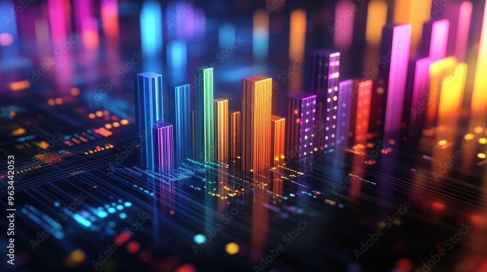Poster a sleek 3d bar graph with vibrant colors, showing rising data points against a futuristic digital ba