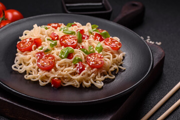 Rice noodles with mushrooms, vegetables, spices and herbs