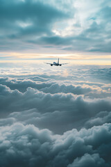 The plane flies above the clouds. Flight above the clouds. Sunrise. Traveling by airplane. Light...