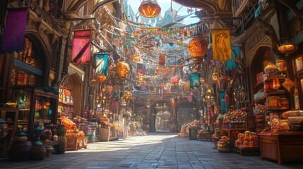 Bustling Grand Bazaar in a Fantastical City with Vibrant Stalls Lanterns and Crowds