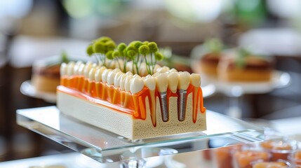 Close up of a dental implant with metal screw and tooth cross section in clinical setting