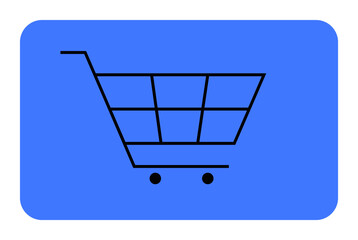 A minimalist shopping cart with two wheels on a blue background. Ideal for e-commerce, online shopping, retail, marketplaces, and sales promotions.