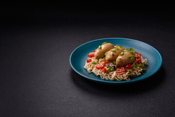 Fish or meat quenelles with vegetables, salt and spices in mushroom sauce