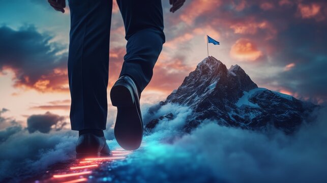 A close-up of a businessman's foot walking along a glowing path toward a mountain peak with a flag, symbolizing ambition and the journey to success.