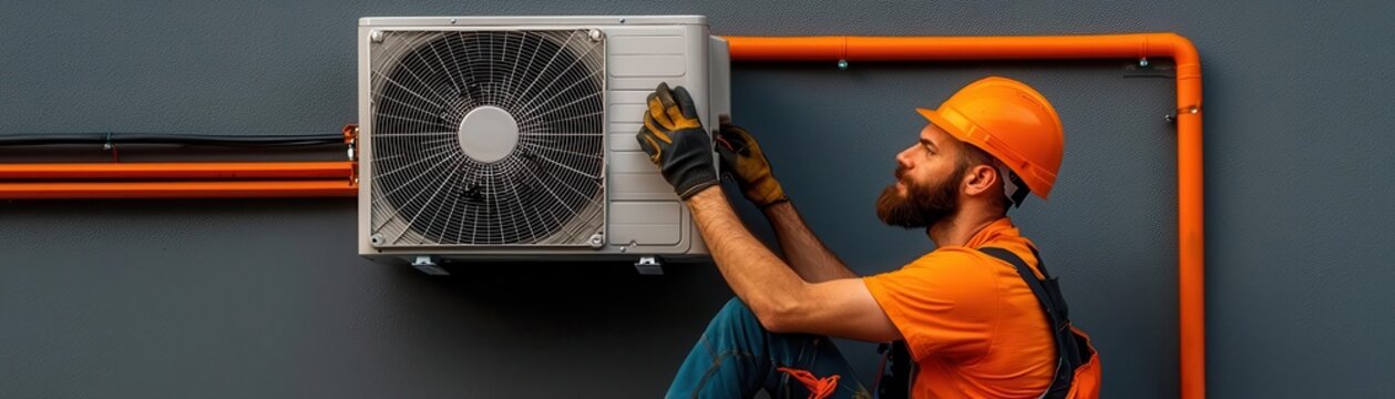 Repairman working on a split air conditioner unit in an office building, repairman split AC unit, commercial HVAC service