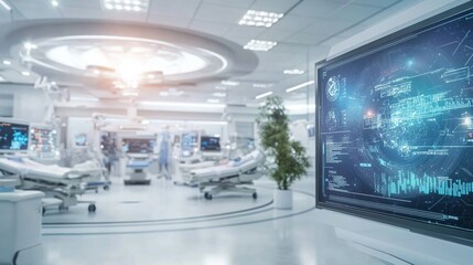 A futuristic hospital control room IoT sensors monitoring patients