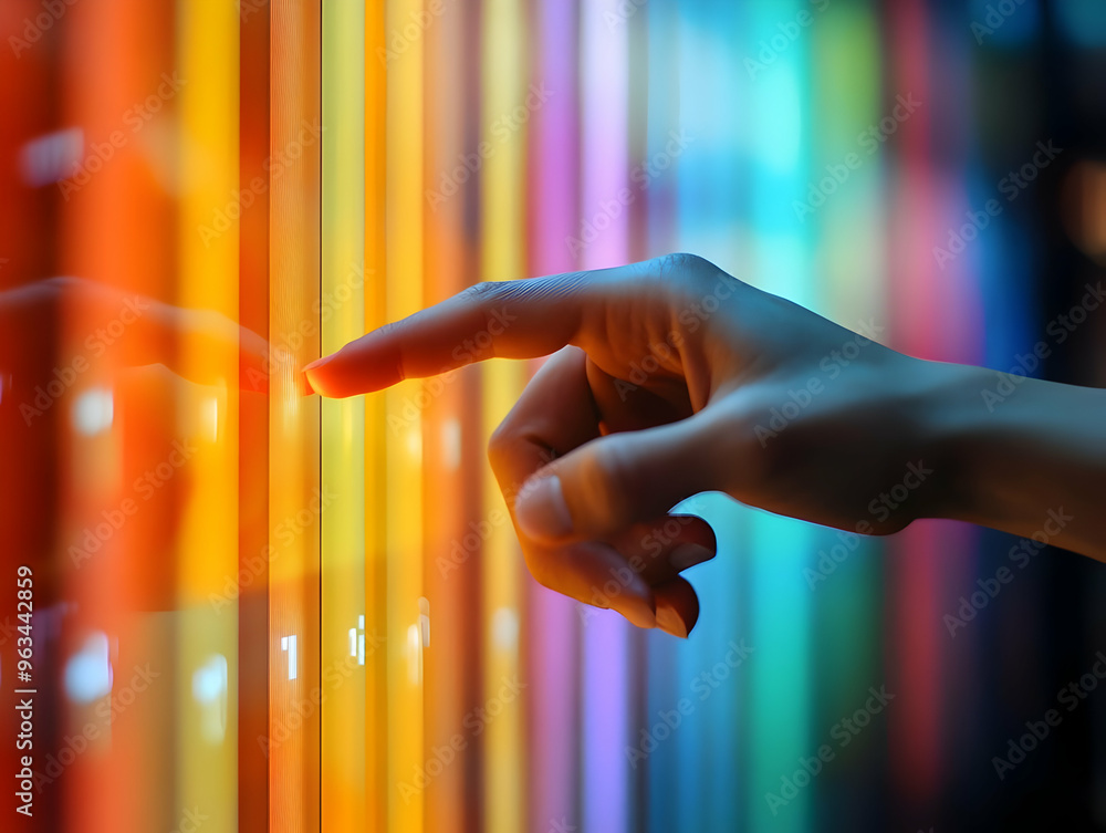 Poster interactive digital display technology: photo of hand selecting option on colorful touchscreen inter