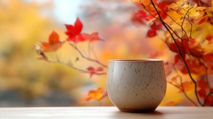 A white cup with a brown handle sits on a wooden table