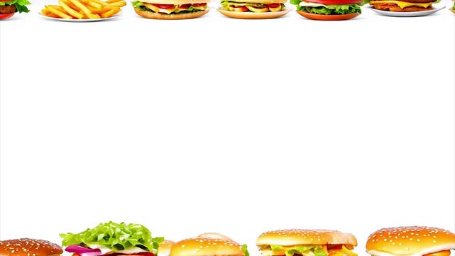 Abstract border with burgers and fast food dishes with copy space for text.