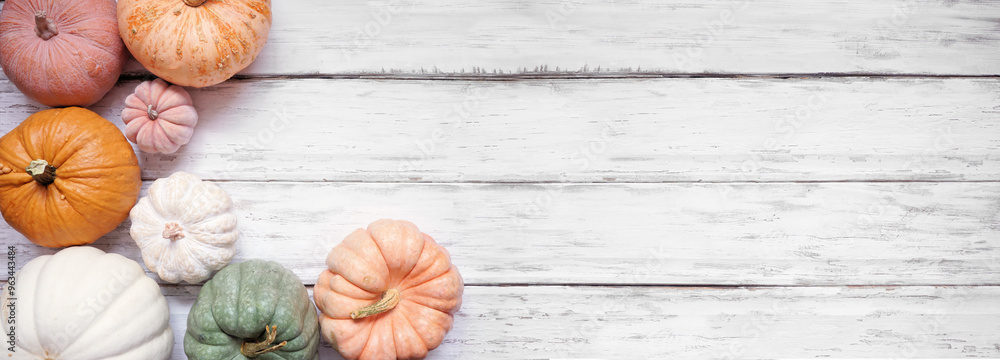Poster autumn corner border of pastel pumpkins of various sizes and colors over a rustic white wood banner 