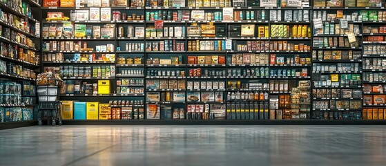 Wide-angle view of a well-stocked supermarket aisle filled with a variety of products and goods, neatly organized on shelves.