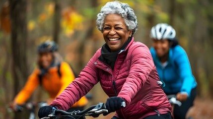 Naklejka premium Joyful Senior Women Cycling Outdoor Autumn Adventure Fitness Health. AI Generated