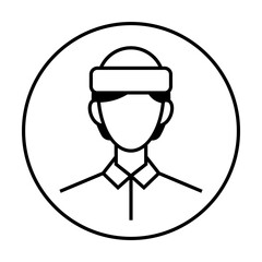 A monochromatic line drawing of a person with a headband and a collared shirt set inside a circle. Ideal for profile icons, minimalist designs, avatars, user interfaces, vector art.