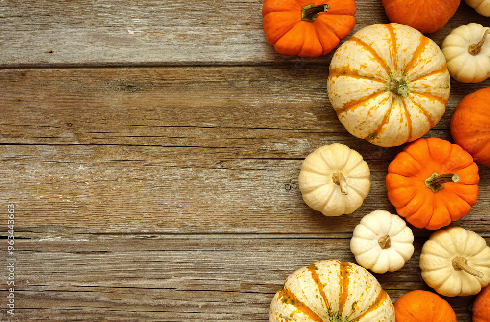 Poster fall side border of orange and white pumpkins over a rustic wood background. overhead view with copy