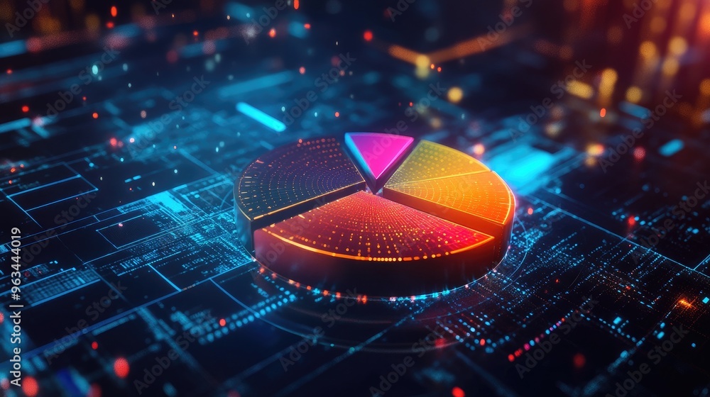 Poster a vibrant 3d pie chart with colorful segments, floating in space against a futuristic digital backgr