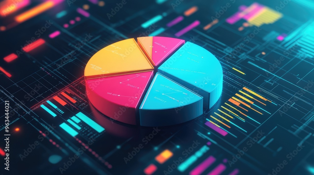 Poster a vibrant 3d pie chart with colorful segments, floating in space against a futuristic digital backgr