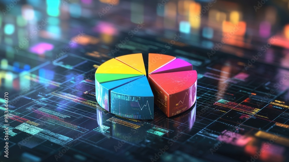Poster a vibrant 3d pie chart with colorful segments, floating in space against a futuristic digital backgr