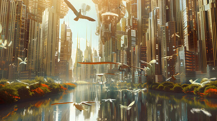 Obraz premium Floating Skyscrapers: A Surreal Skyline Blending Fantasy and Reality Above a River