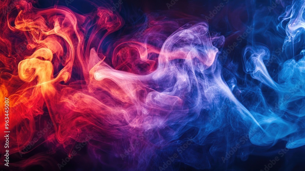 Poster abstract image of colorful smoke patterns forming in the air, with bold reds, blues, and purples cre