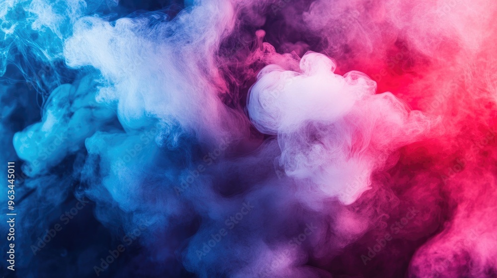 Poster abstract image of colorful smoke patterns forming in the air, with bold reds, blues, and purples cre