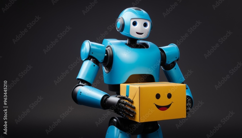 Poster a cheerful blue robot holds a yellow box with a smiling face, set against a dark, minimalist backgro