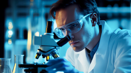 Research scientist using a microscope to study bacteria, highdefinition, sharp focus, modern science lab, advanced biological exploration