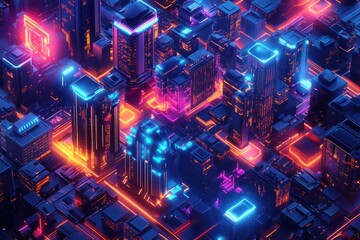 Fototapeta premium Futuristic Cityscape with Neon Lights and Geometric Buildings