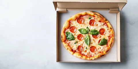 Pizza box mock-up, top-down view, blank design, slightly worn texture for realism, simple setup, plain surface, perfect for product showcase, no existing print or logos