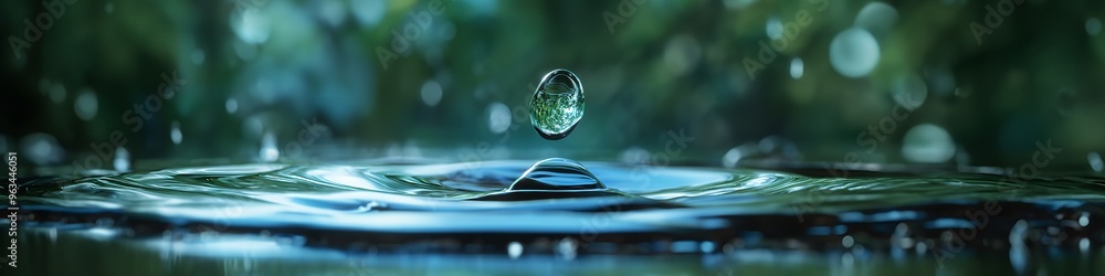Poster a single water drop falling into a pool of water, creating a ripple effect. the background is a blur