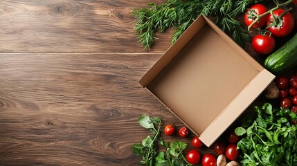 Pizza box mockup top-down on a rustic kitchen table, near fresh produce, cozy and warm, customizable branding