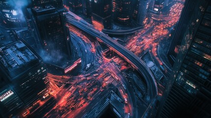 Aerial View of Cityscape at Night with Traffic Lights
