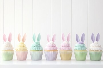 Pastel-colored cupcakes with bunny ears toppers in a row, isolated on white background, creating a whimsical and cute Easter dessert display.