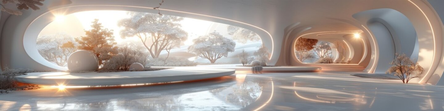 Create a futuristic landscape with floating platforms in soft white. Use ambient lighting for a drea