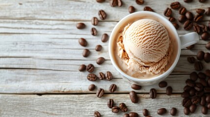Obraz premium A scoop of coffee-flavored ice cream in a white mug surrounded by scattered coffee beans on a rustic wooden table, creating a cozy coffee-inspired scene.