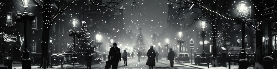 Fototapeta premium Create a noir-style Christmas street scene with people shopping and streetlights casting long shadow