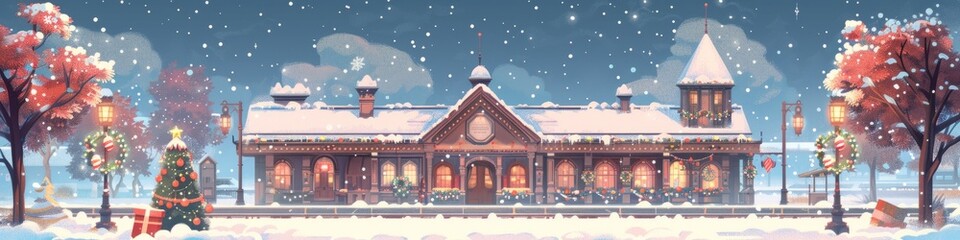 Obraz premium Design a Baroque-inspired Christmas train station with festive decor. Image with copy space on the r