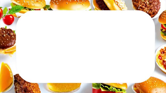 Abstract border with burgers and fast food dishes with copy space for text.