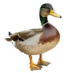 Obraz premium A duck is standing on a white background. The duck is looking at the camera