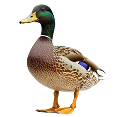 Obraz premium A duck is standing on a white background. The duck is brown and black with a yellow beak