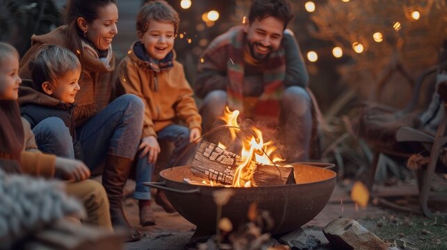 Family enjoys quality time together around a cozy campfire in their backyard courtyard