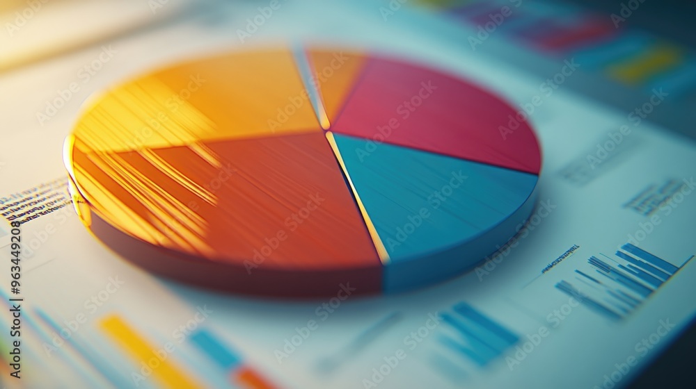 Poster close-up of a 3d pie chart on a financial report, with distinct segments representing different reve