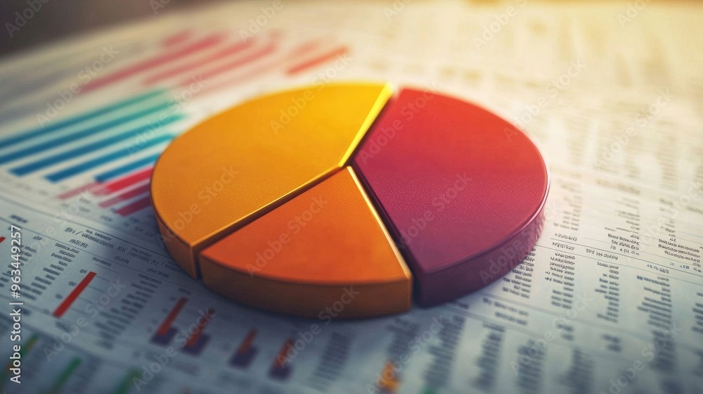 Aufkleber close-up of a 3d pie chart on a financial report, with distinct segments representing different reve