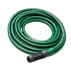 A green hose is laying on a white background. The hose is made of rubber and is long